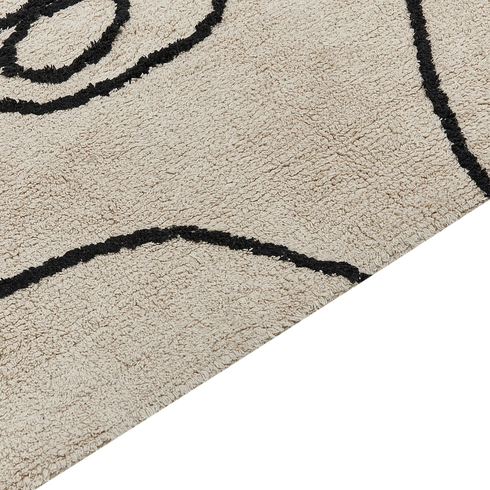 Tappeto beige e nero in cotone 140 x 200 cm rettangolare con frange motivo viso motivo astratto stile boho moderno per soggiorno camera da letto