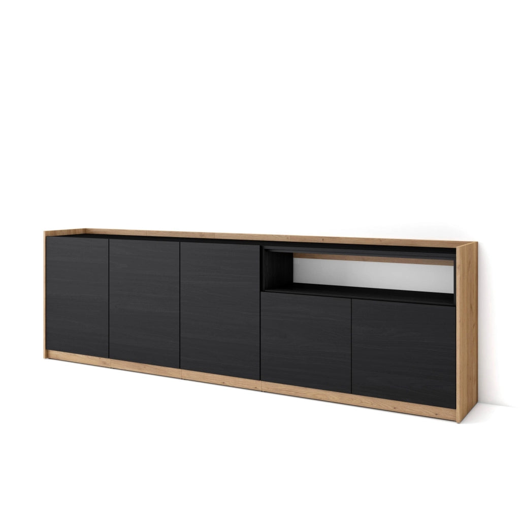 Credenza, Mobile, Cucina, 260x80x37 cm, 5 Porte, grande stoccaggio, Nero e rovere