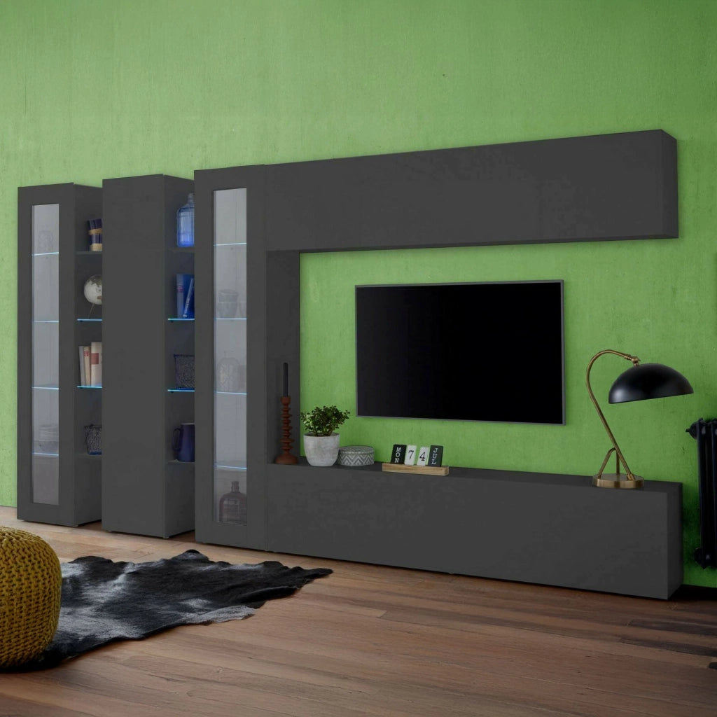 Parete attrezzata Atta, Set salotto porta TV a 5 ante, Mobile soggiorno multiuso, 100% Made in Italy, cm 340x30h180, Antracite