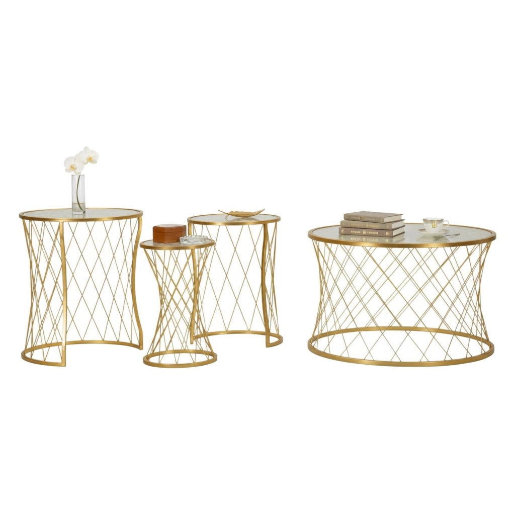 Set di 4 tavolini da salotto Cabiaglio, Tavolo basso da caffè, Portariviste per divano, Ripiano da soggiorno, 70x70 h55 cm, Oro
