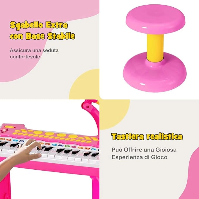 Pianoforte Digitale per Bambini 31 Tasti, Tastiera Elettronica Portatile, con Microfono e Luci, Funzionamento Registrazione e Playback, 3+ Anni, 45x23x45 cm (Rosa)