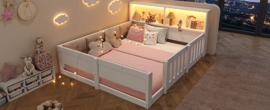 Letto per bambini 140 × 200 cm con barriera, testiera con ripiani, luci LED, senza materasso, bianco