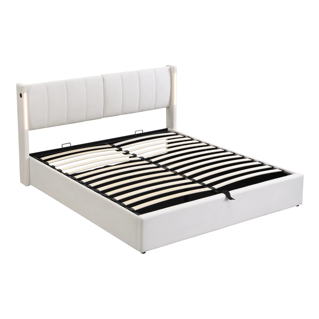 Letto matrimoniale 180x200 cm in PU bianco con LED; USB; contenitore e testiera reclinabile