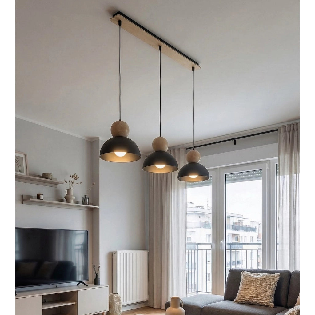 Lampada a sospensione KAKI in acciaio nero e legno