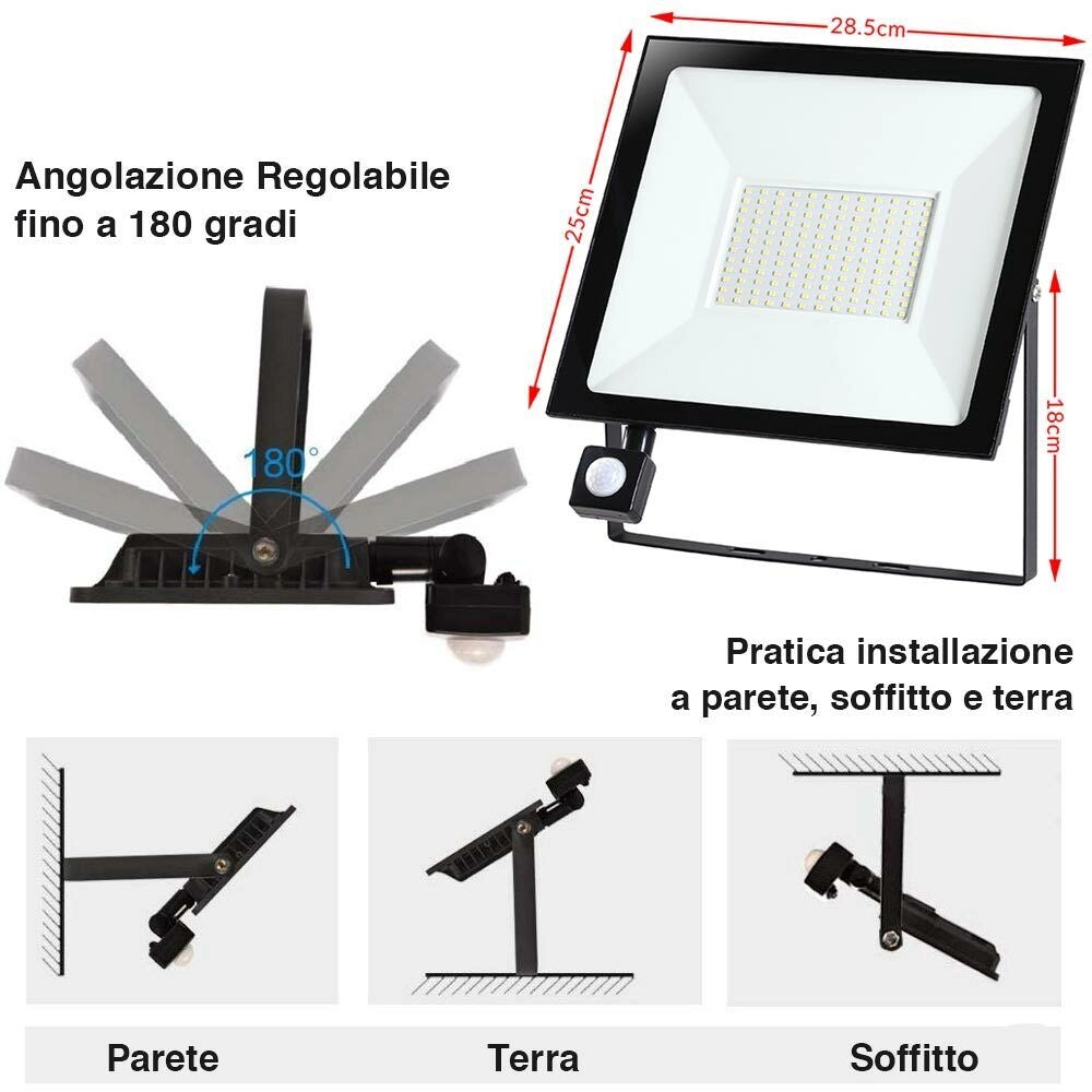 Faro LED 100W Luce Alta Luminosita 8000lm Faretto esterno con Sensore Movimento