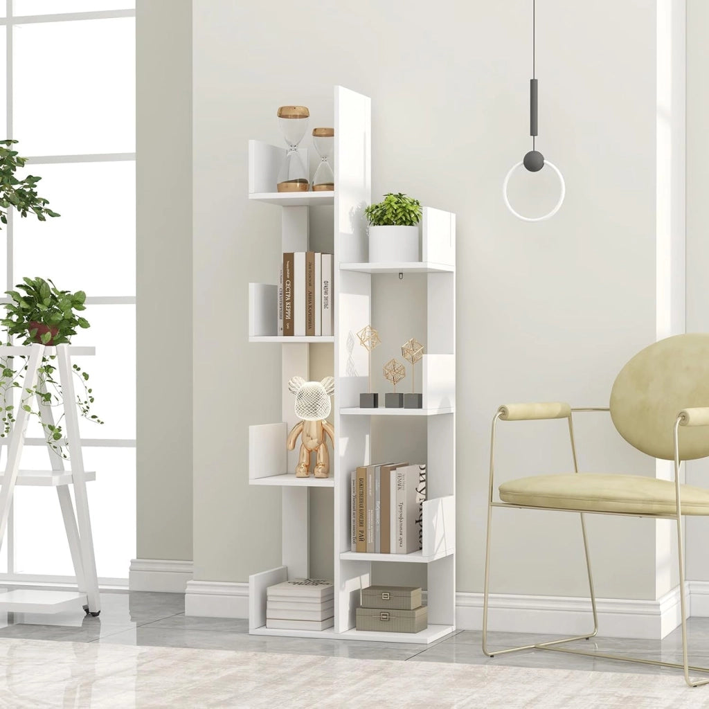Scaffale Libreria a Albero, a 8 Livelli, Ideale per Soggiorno, Studio e Ufficio, Stile Moderno, Nero/Bianco/Marrone, 50x24,5x145 cm (Bianco)