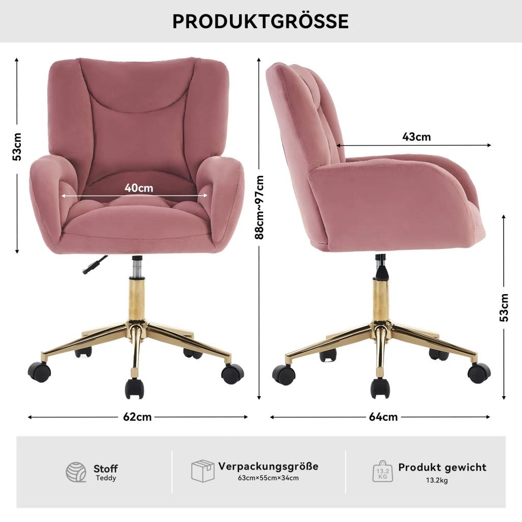 sedia da ufficio girevole regolabile in altezza con ruote a 360Â° design ergonomico in velluto rosa