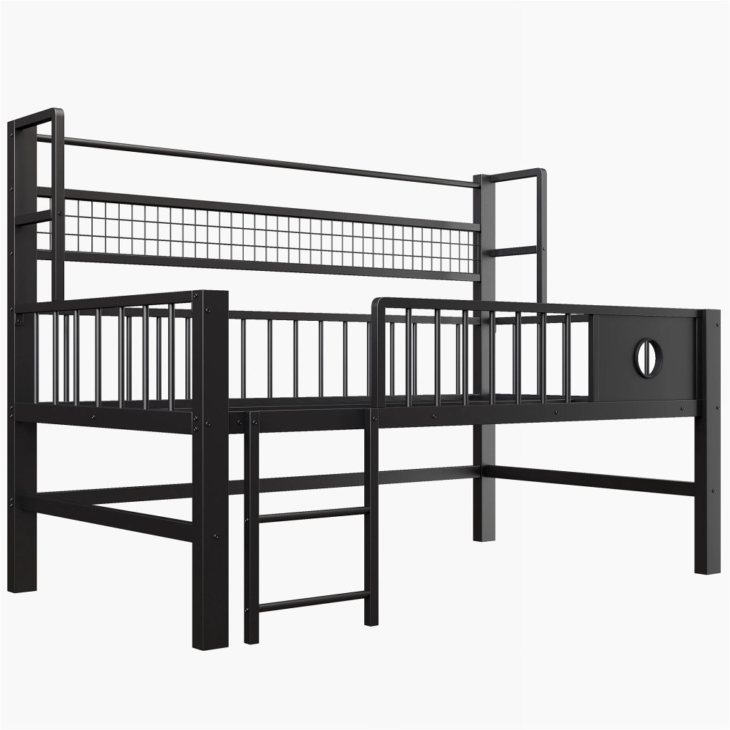 Letto a soppalco basso per bambini 90 × 200 cm con sbarre di sicurezza, ripiano e asta appendiabiti, senza materasso, nero