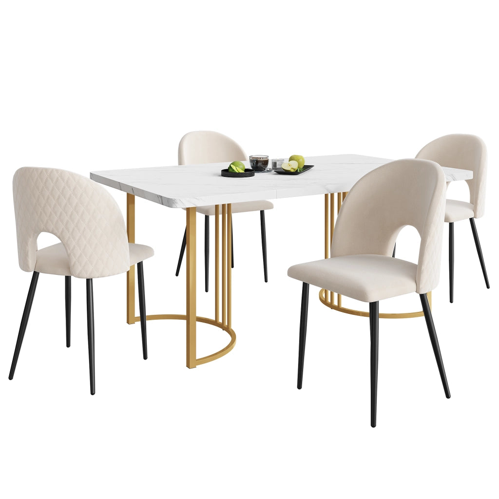 Tavolo da pranzo per 4 persone con 4 sedie in velluto, piano effetto marmo, struttura in metallo, beige, 140 × 80 cm