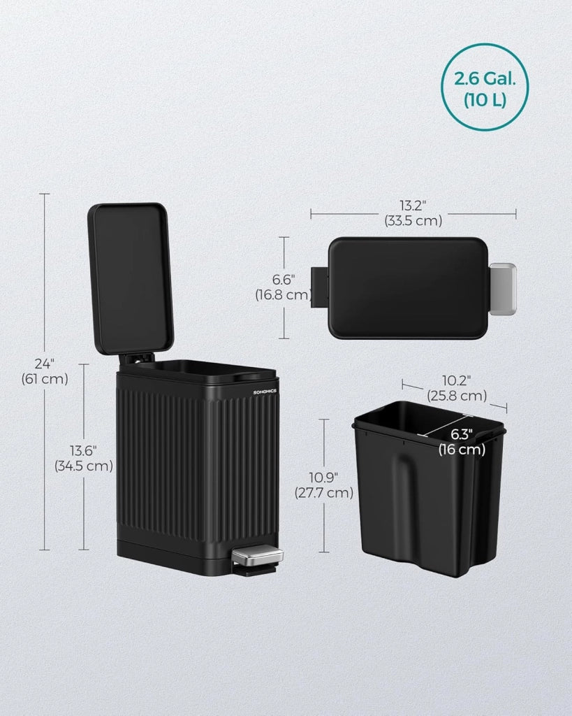 Pattumiera da bagno da 10 litri, con coperchio, sottile per piccoli spazi, in acciaio inox, chiusura ammortizzata, colore nero inchiostro, ULTB562B01