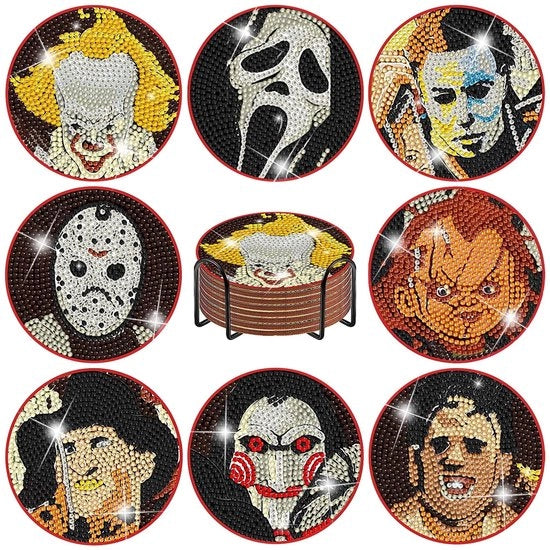 Kit per decorazione con diamanti 8 pezzi con supporto, base di gomma, decorazioni per piatti da caffè DIY per Halloween, arte con diamanti, set di pittura con strass per principianti, adulti, bambini, accessori per Halloween