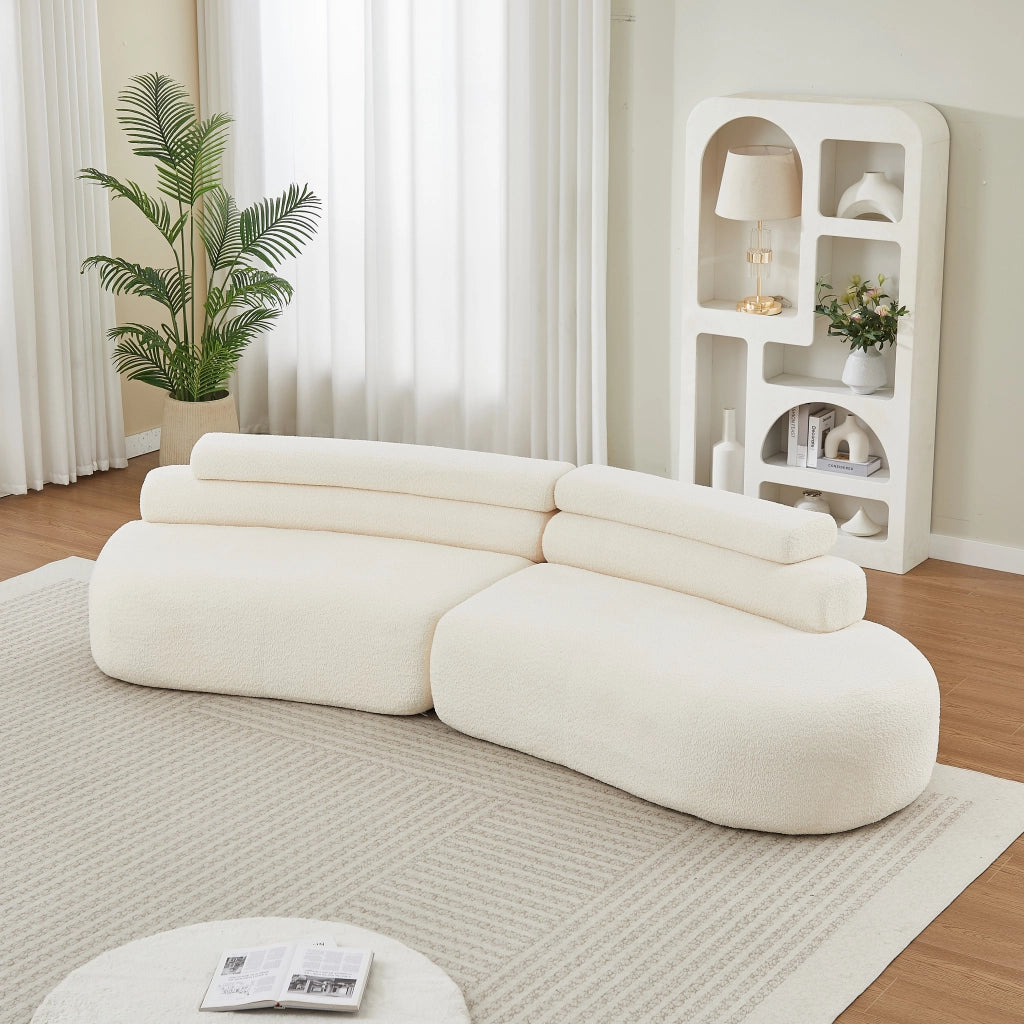 Divano modulare curvo 2 pezzi in ciniglia beige con 3 cuscini schienale