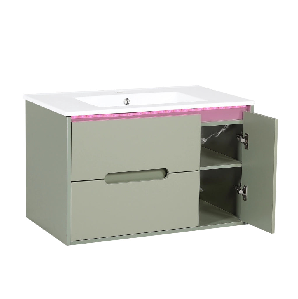Mobile bagno sospeso 81 cm con lavabo in ceramica, LED e ante verdi