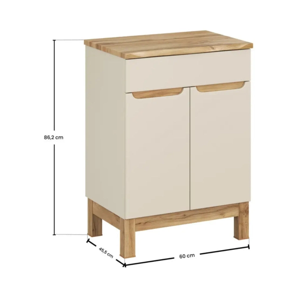 Set da bagno ERMANO cachemire e finitura rovere 60cm: mobile sottolavabo + piano per lavabo smussato