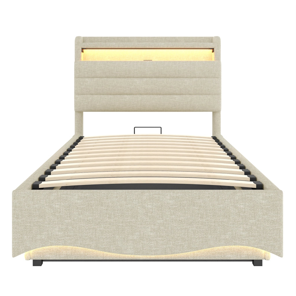 Letto imbottito 90x200 cm con contenitore idraulico; LED e prese USB/Tipo C; lino beige