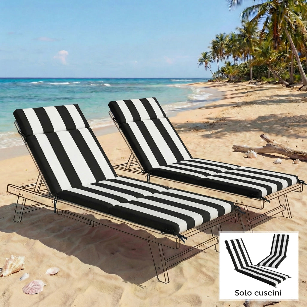 Set 2 Cuscini per Sedie da Esterno 183x54x6,5 cm con 6 Lacci di Fissaggio in Cotone Nero e Bianco