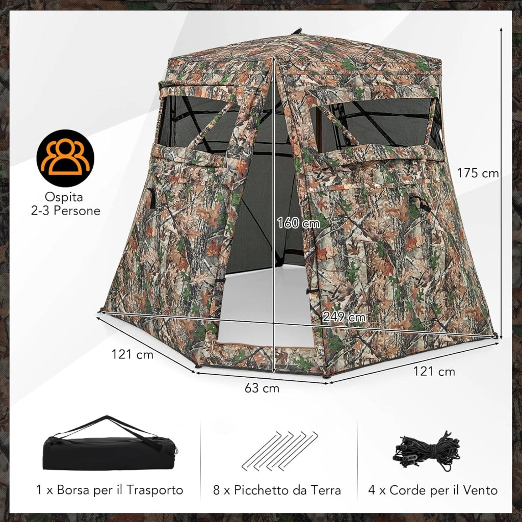 Tenda Mimetica per Caccia, 2-3 Persone, Visione a 360°, Camouflage, 249 x 211 x 175 cm