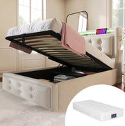 Letto contenitore 90x200 con testiera LED e prese USB; cotone lino beige