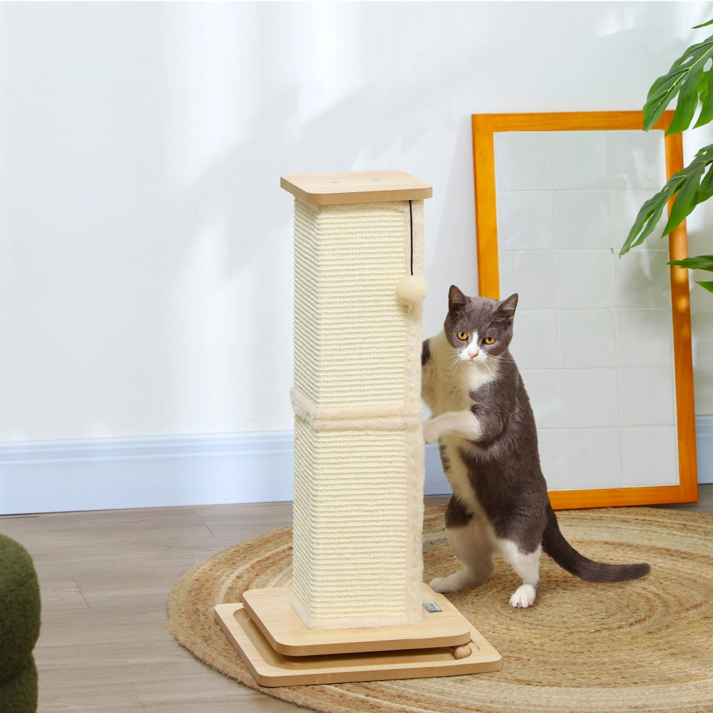 Tiragraffi per gatti 3 in 1 con gioco, palla e sisal ¨C zephmum ¨C effetto quercia/crema 34x34x67