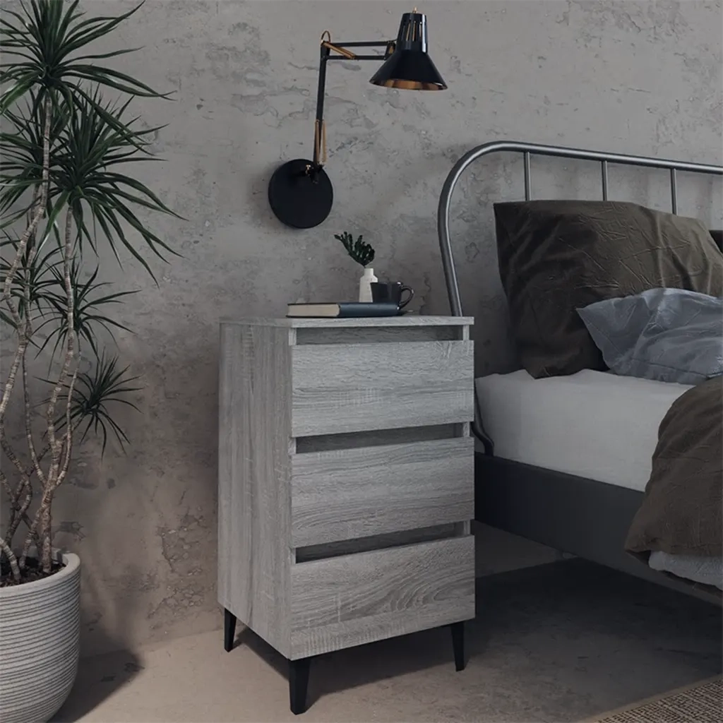 Comodino con Gambe in Metallo-Tavolino da notte Grigio Sonoma 40x35x69 cm