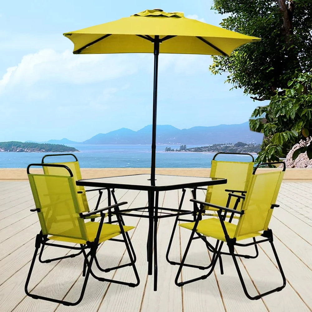 Set da Pranzo 6 Pezzi per Giardino Patio con Ombrellone 4 Sedie Pieghevoli Verde