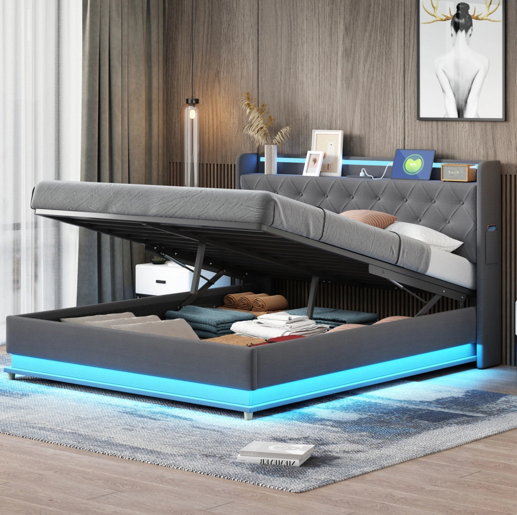 Letto imbottito LED 160x200 cm con USB e vano contenitore grigio