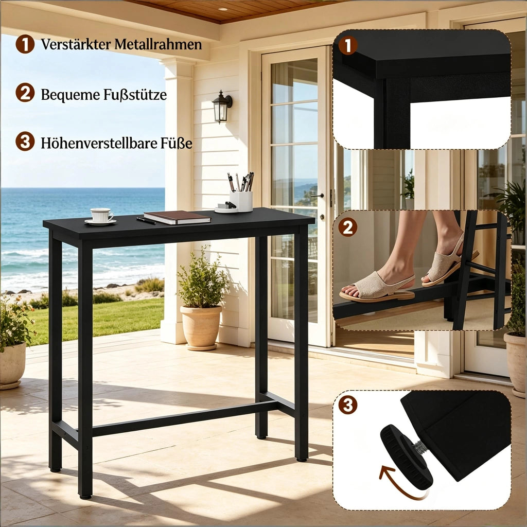 Tavolo da bar in metallo e legno con struttura stabile, stile industriale, per cucina e soggiorno, nero, 40 × 100 × 100 cm