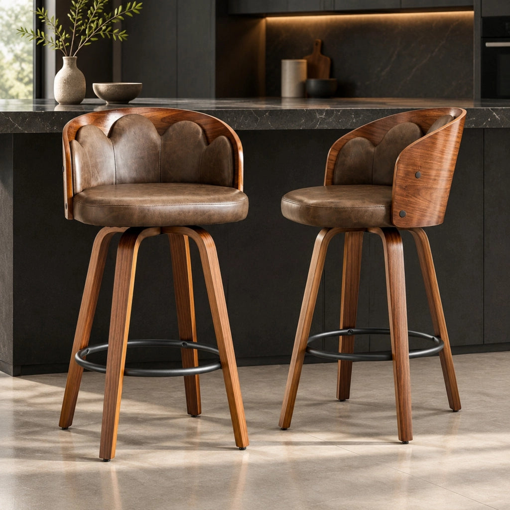Set di 2 sgabelli da bar 89 cm in legno e PU marrone, schienale floreale