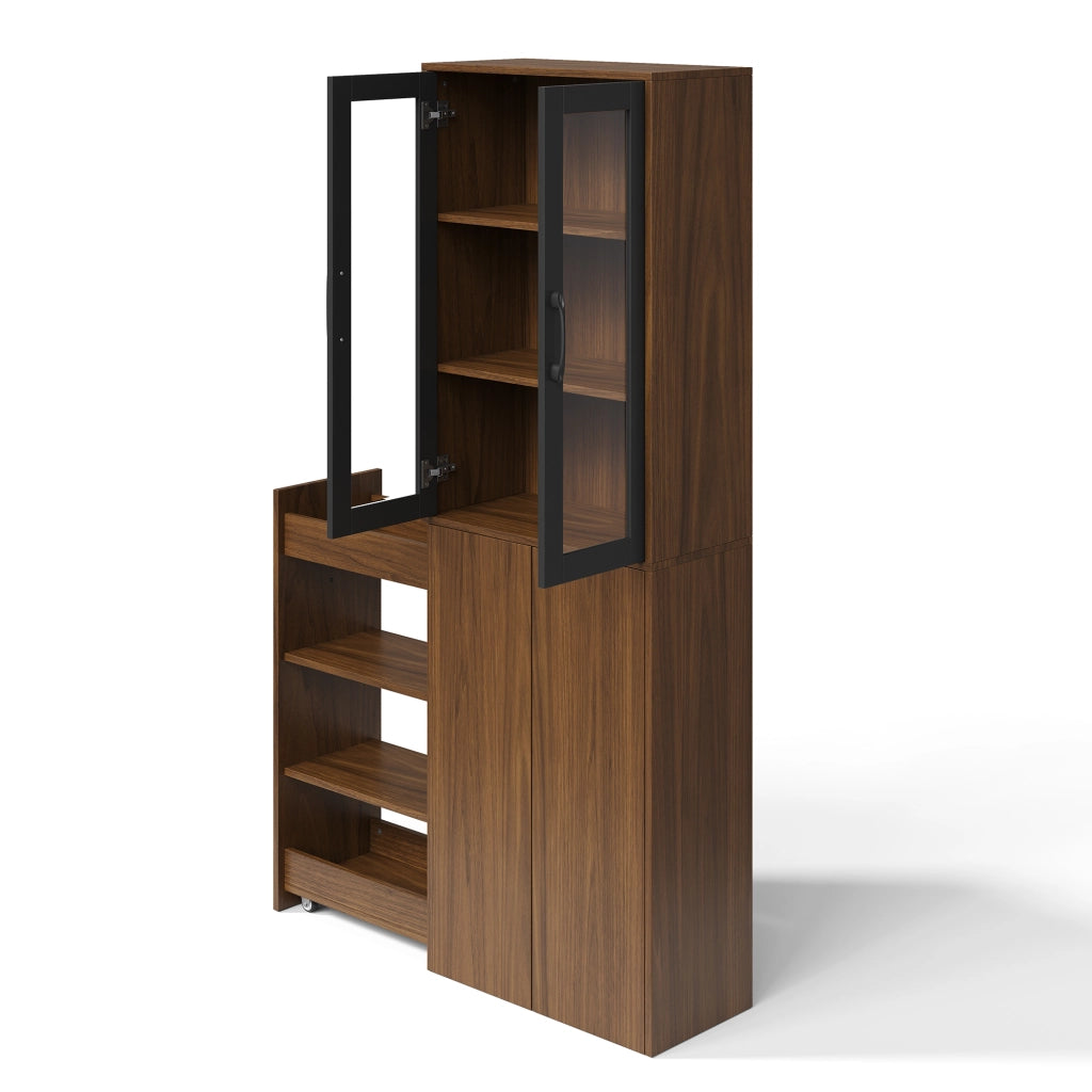 Mobile dispensa stretto 60×30×180 cm con ante in vetro, carrello estraibile e 4 ripiani