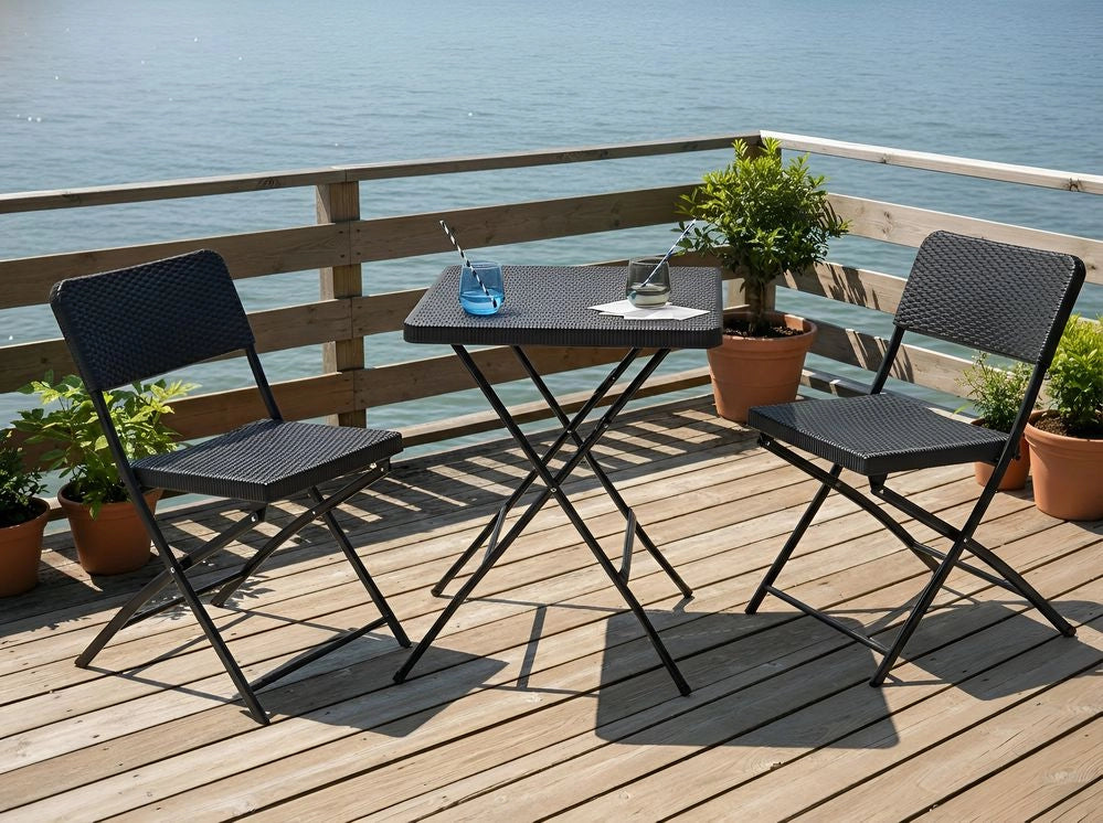Set da bistrot con tavolo e 2 sedie Seduta e schienale in materiale sintetico Gambe in acciaio Pieghevole Resistente alle intemperie Nero