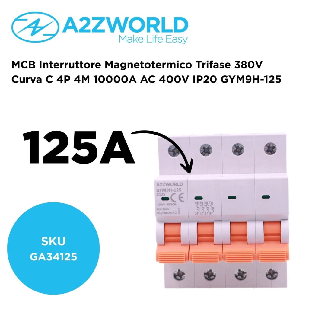 MCB Interruttore Magnetotermico Trifase 380V Curva C 4P 4M 10000A AC 400V IP20 GYM9H-125, Disponibili 80A 100A 125A (C125A)