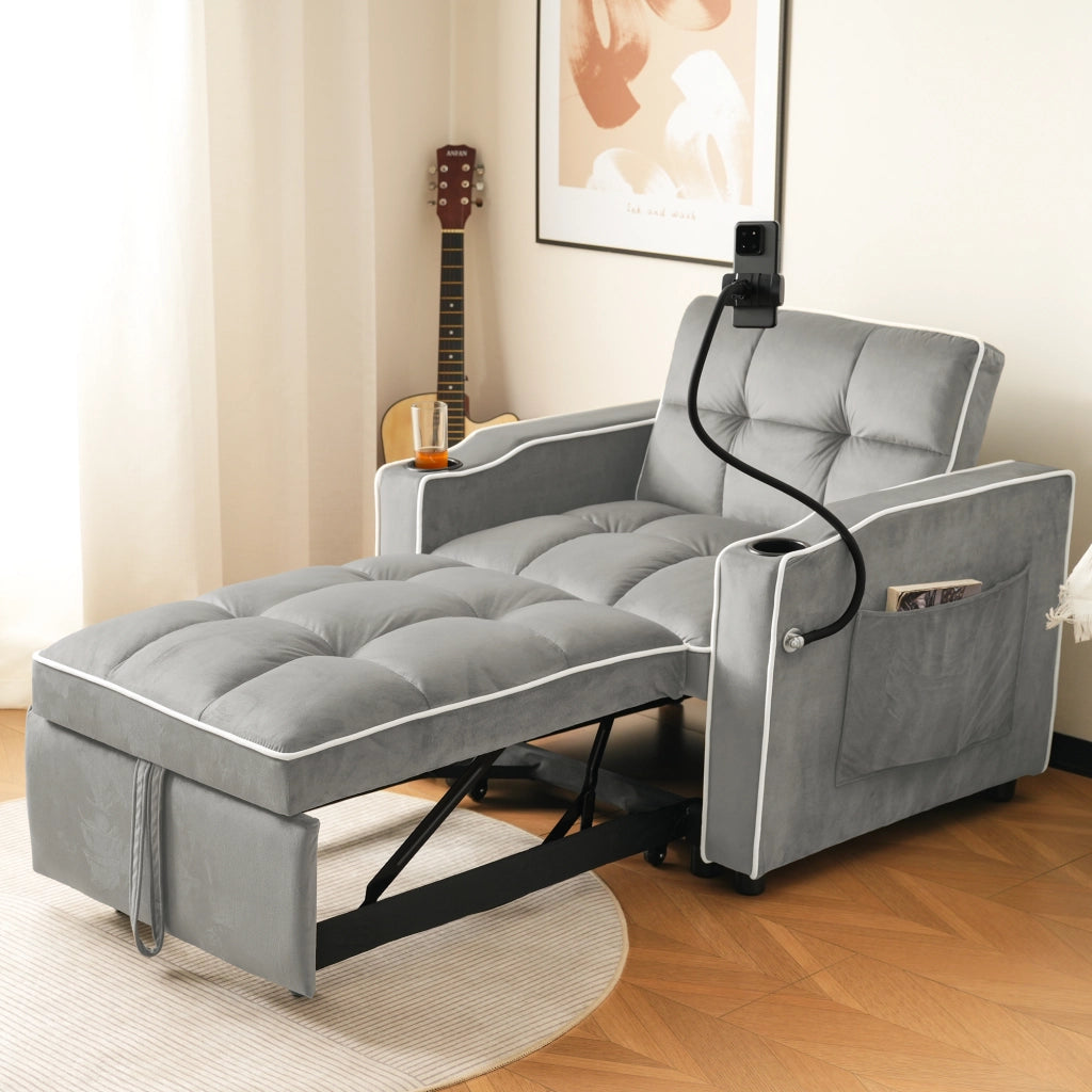 Divano letto singolo 3 in 1 - con portabicchieri e porta telefono - in velluto - grigio anticato