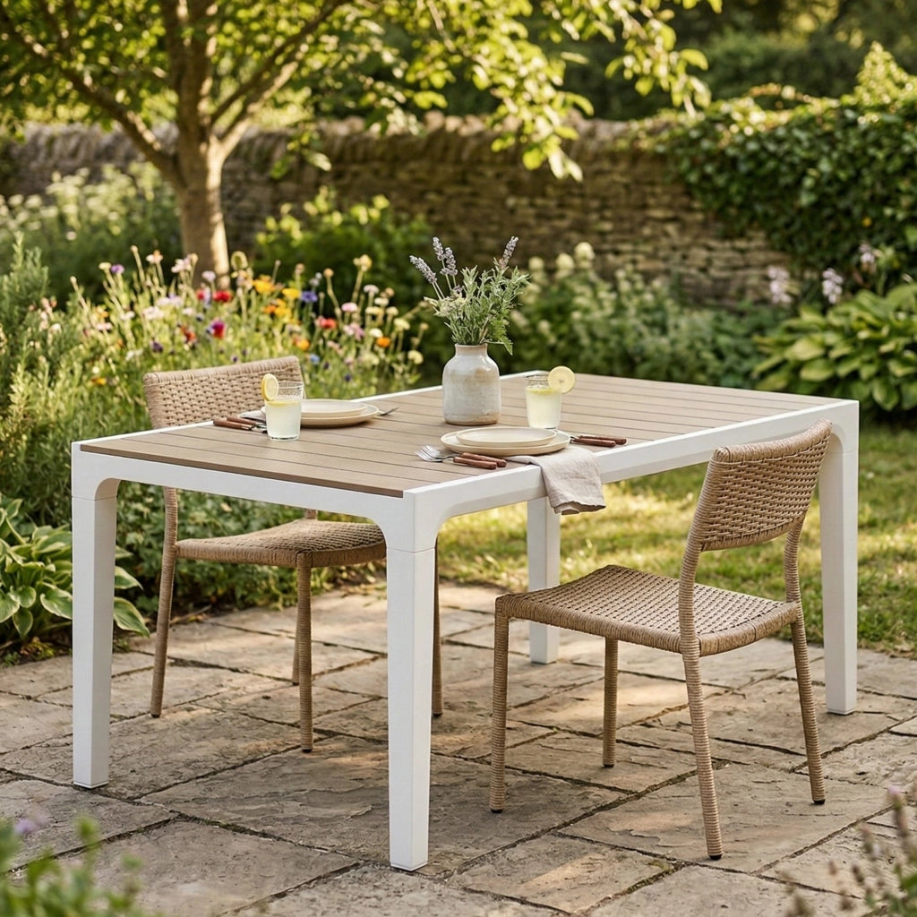 Tavolo da esterno Innisfail, Base per picnic, Piano da pranzo da giardino, Banco outdoor multiuso, 160x90 h74 cm, Bianco e Tortora