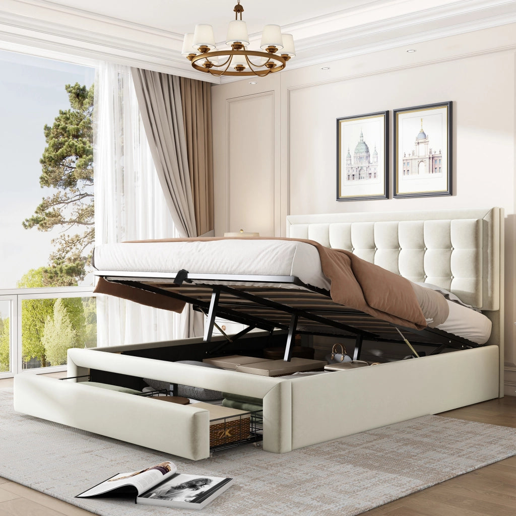 Letto con Cassetti 140×200 cm; Letto Matrimoniale con Contenitore Idraulico e 2 Cassetti; senza Materasso