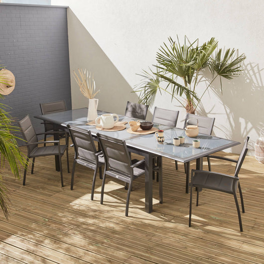 Set tavolo da giardino allungabile in alluminio, 8 sedie, antracite