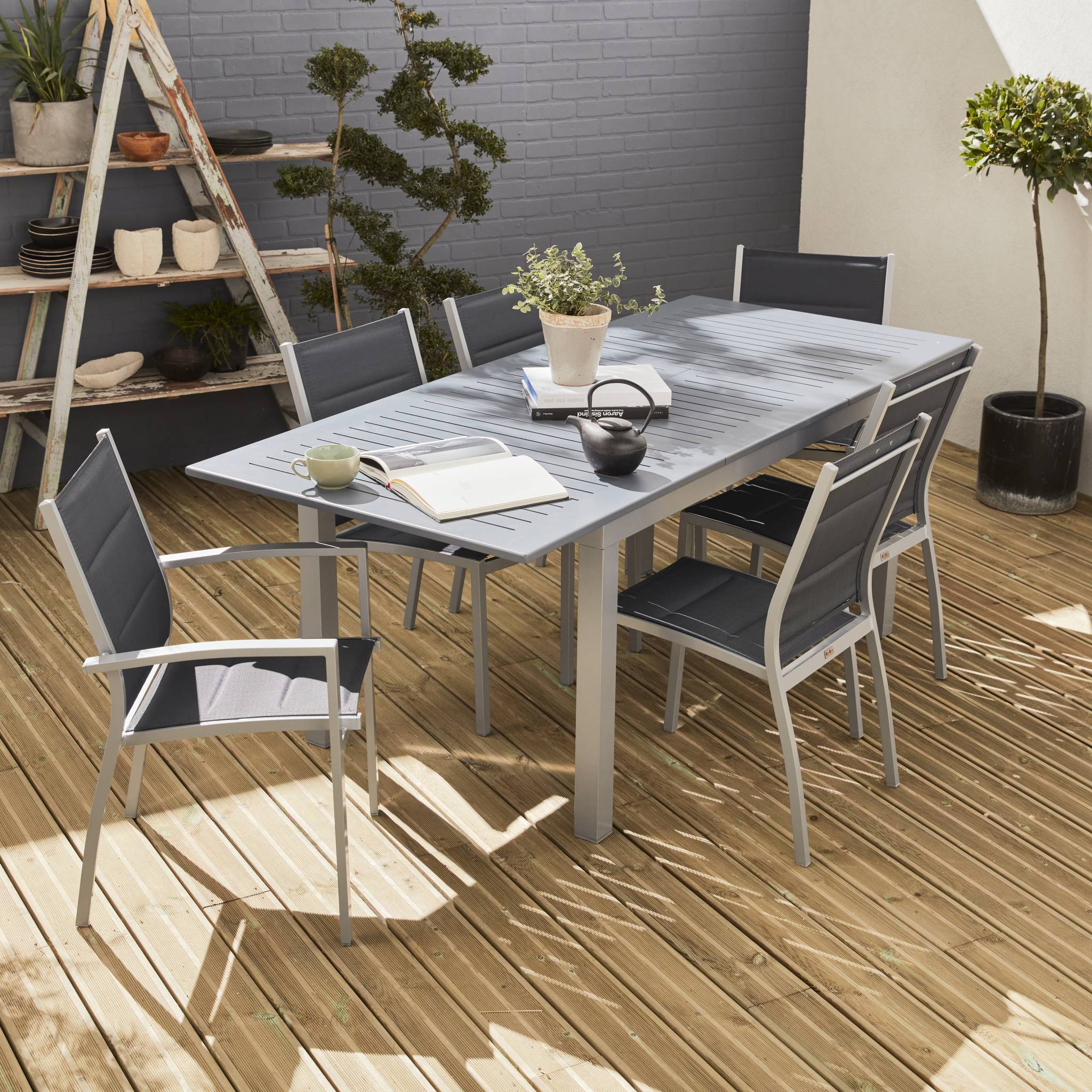 Set tavolo da giardino allungabile in alluminio, 6 posti, grigio