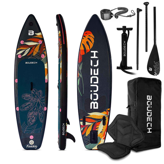 Stand Up Paddle Board Flatwater/Touring Fanning Tropical - Tavola da SUP gonfiabile 300X75X15 cm con sediolino pagaia regolabile, cavigliera, gonfiatore, kit riparazione e borsa da trasporto. Peso Max 140kg