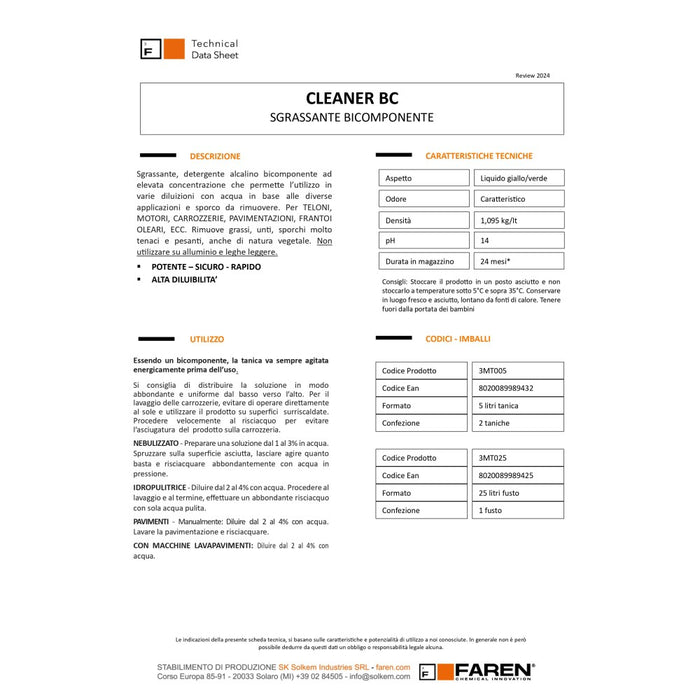 Faren cleaner bc 5kg sgrassante alcalino bicomponente a schiuma controllata