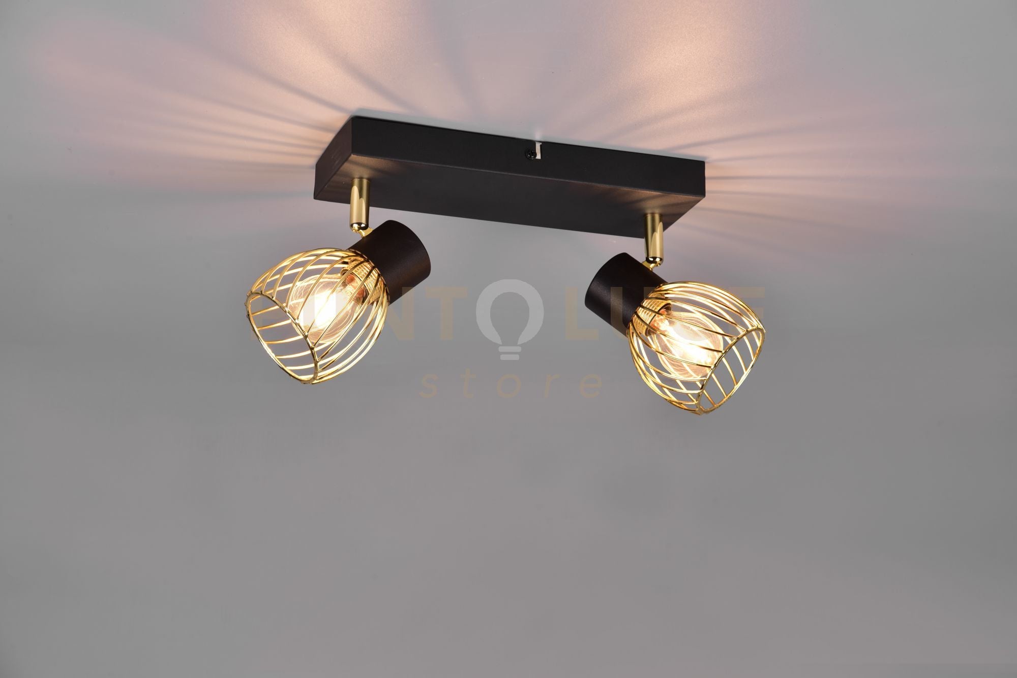 ARDON BARRA 2 FARETTI METALLO NERO CON GABBIA ORO L.29,5CM 2 LUCI ATTACCO E14