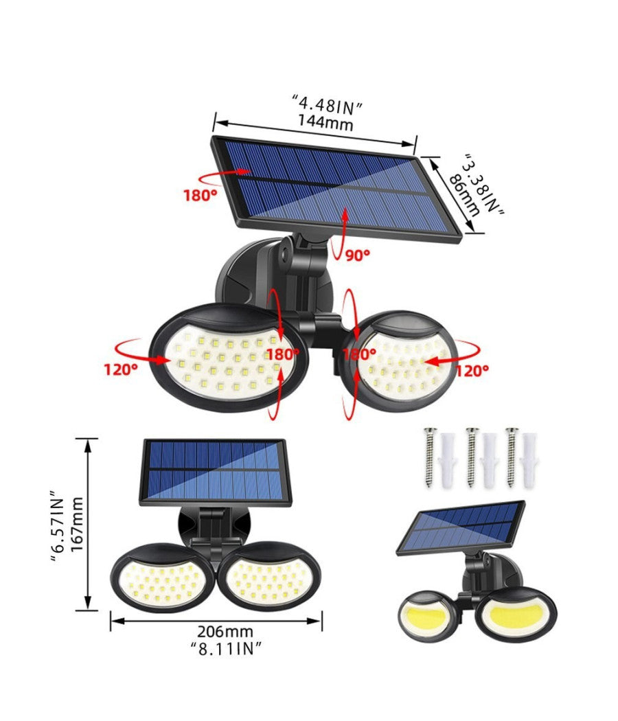 Faretto Con Pannello Solare Doppio A Parete Sensore Movimento Pir E Crepuscolare         