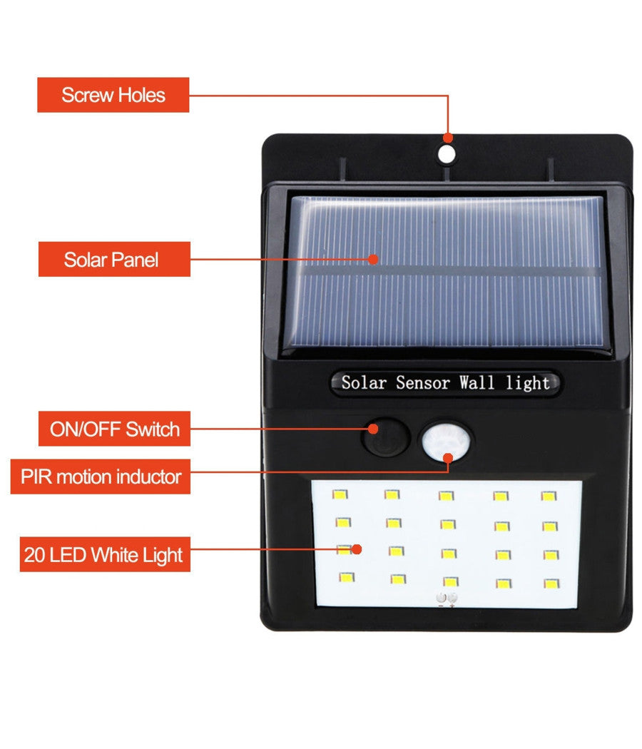 Faretto Faro 20 Led Con Pannello Solare Sensore Di Movimento E Crepuscolare         