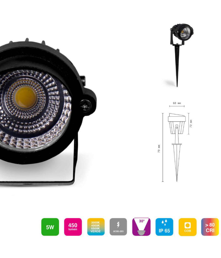 Faretto Faro Cob Led Da Giardino 5w Watt Supporto Picchetto Luce Verde Ip 65         