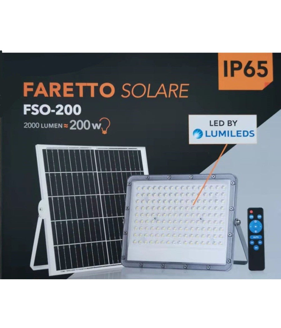 Faretto Faro Led Solare 200 W Telecomando Ip65 Luce Bianco Fredda 6500k Fso-200         