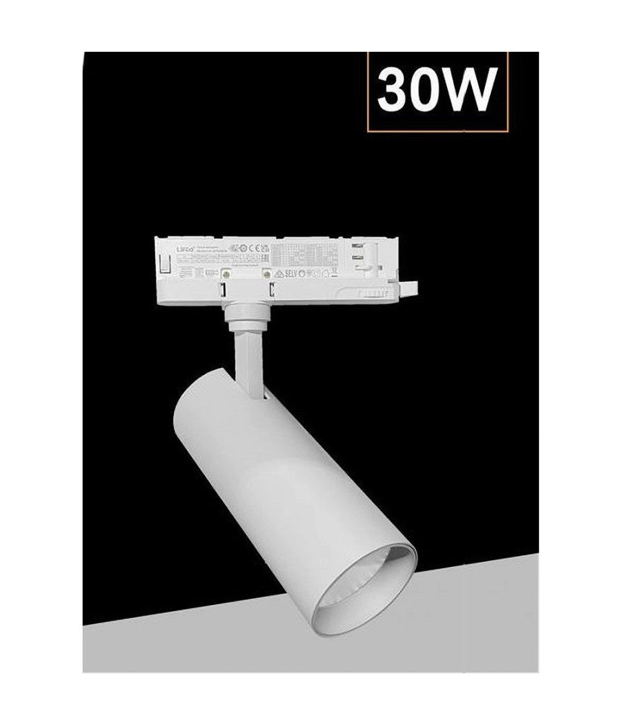 Faretto Led 30 W Binario Track Trifase Faro Luce 4000k Ip20 Nero Bianco Pt4-30w  Bianco       
