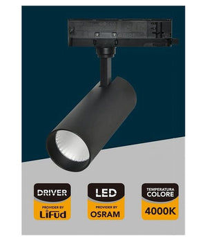 Faretto Led 30 W Binario Track Trifase Faro Luce 4000k Ip20 Nero Bianco Pt4-30w         