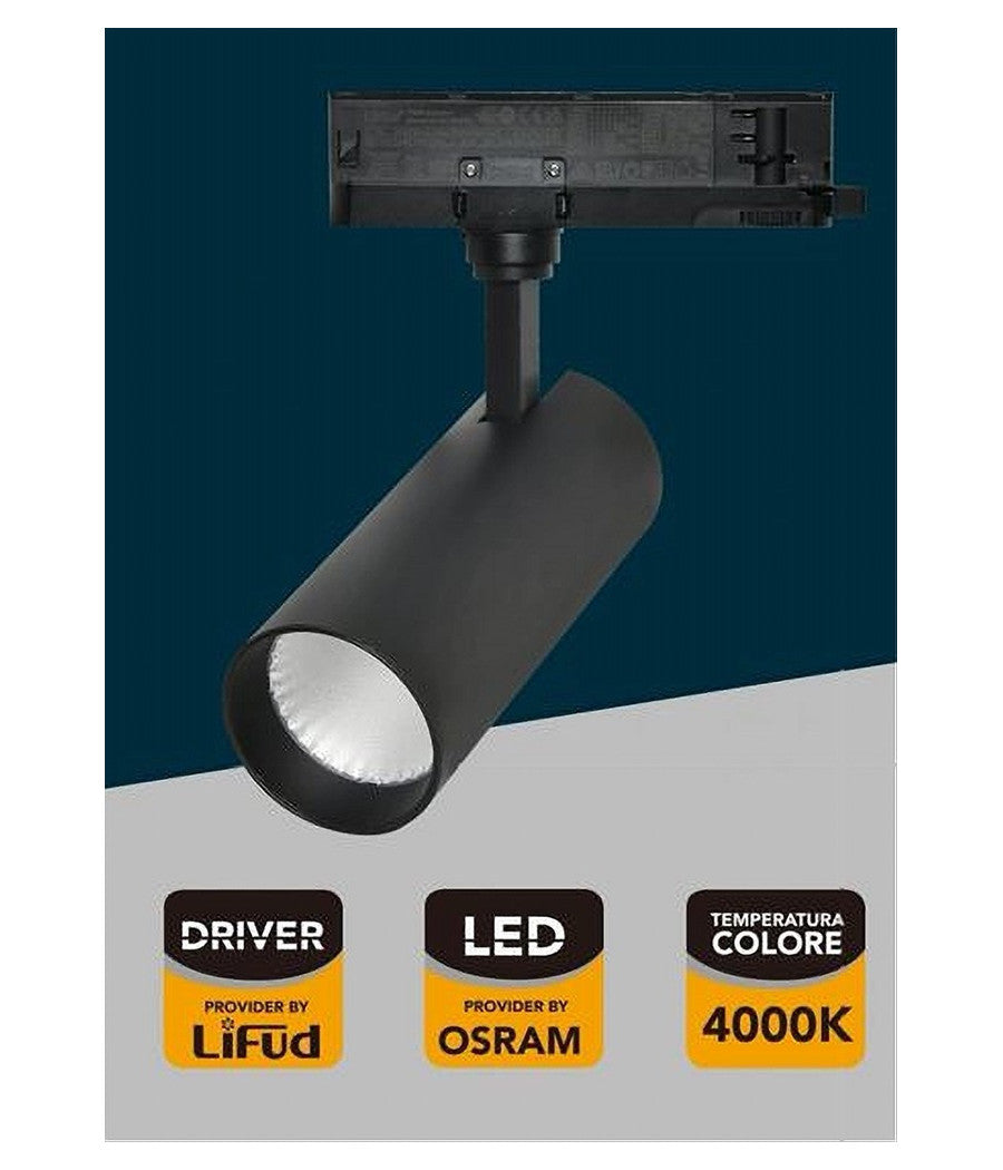 Faretto Led 30 W Binario Track Trifase Faro Luce 4000k Ip20 Nero Bianco Pt4-30w         