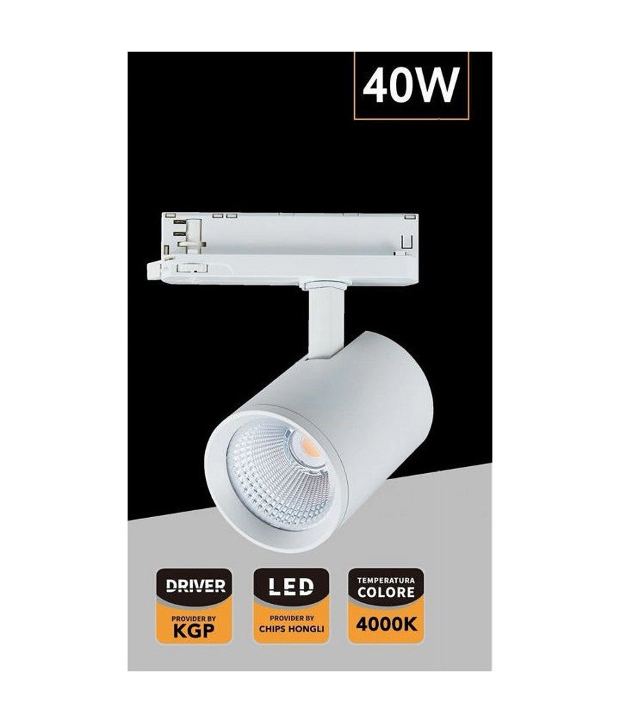 Faretto Led 40 W Per Binario Track Trifase Faro Luce Naturale 4000k Ip20 Pt4-40w  Bianco       