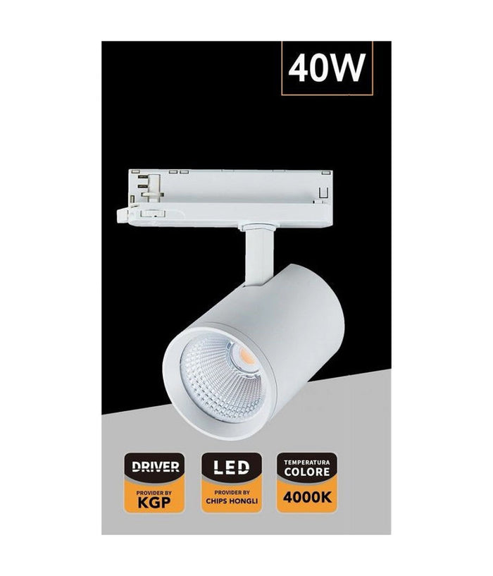 Faretto Led 40 W Per Binario Track Trifase Faro Luce Naturale 4000k Ip20 Pt4-40w         
