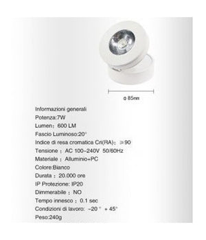Faretto Led A Superficie Orientabile 7w Luce Naturale Fredda Calda Bianco F-7w-b         