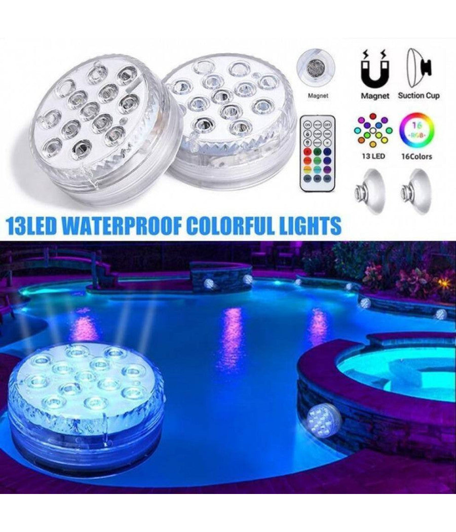 Faretto Led Ad Immersione Per Piscine 13led Rgb Multicolore Con Telecomando Ip68         